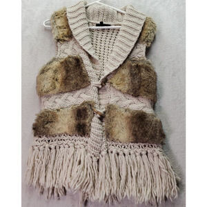 Jessica Simpson Cardigan Women's Medium Tan Acrylic Fringe Faux Fur Button Front